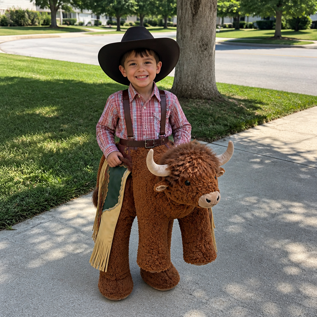 Young child wearing a rodeo bull ride-on costume